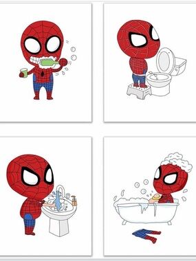 Cute Red Spider-Themed Bathroom Art Prints - Set of 4